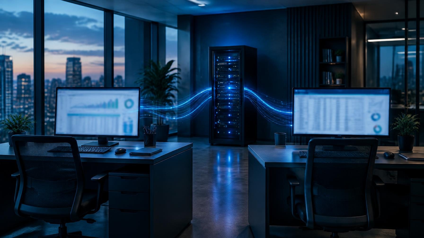 Escritório de contabilidade com monitores exibindo painéis financeiros e um rack de rede ao fundo, em tons de azul