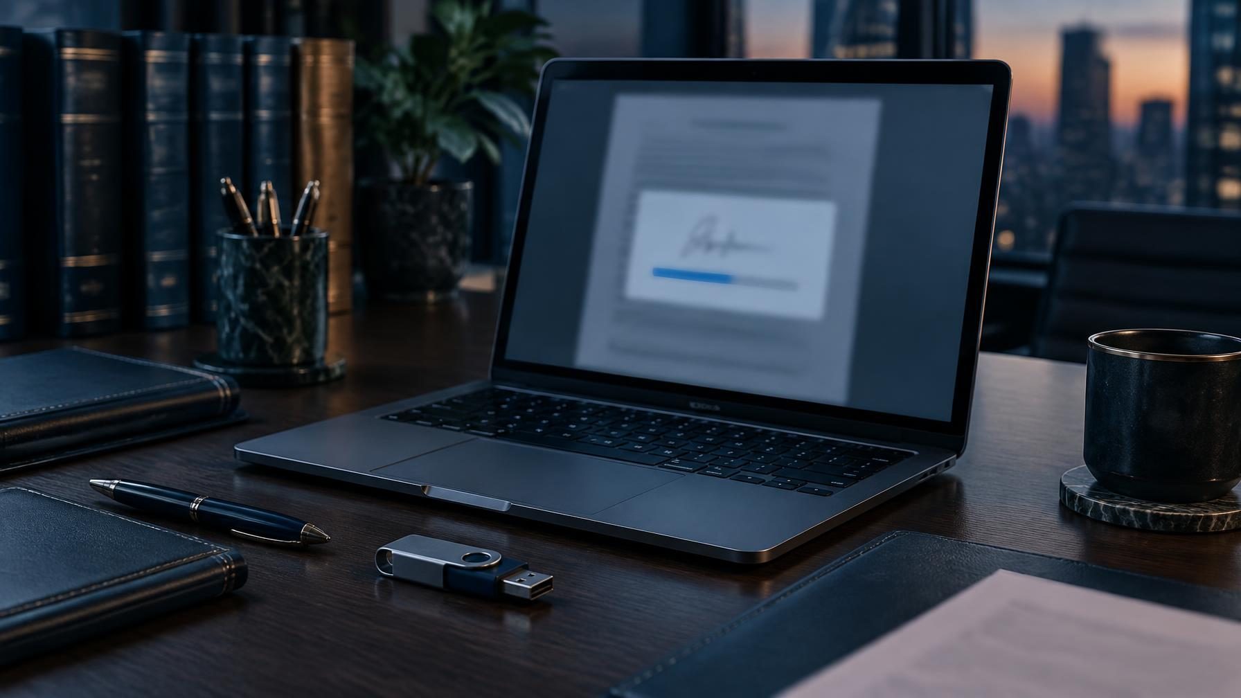 Mesa de escritório de advocacia com documento sendo assinado digitalmente em um notebook e token de certificado ao lado, em tons de azul