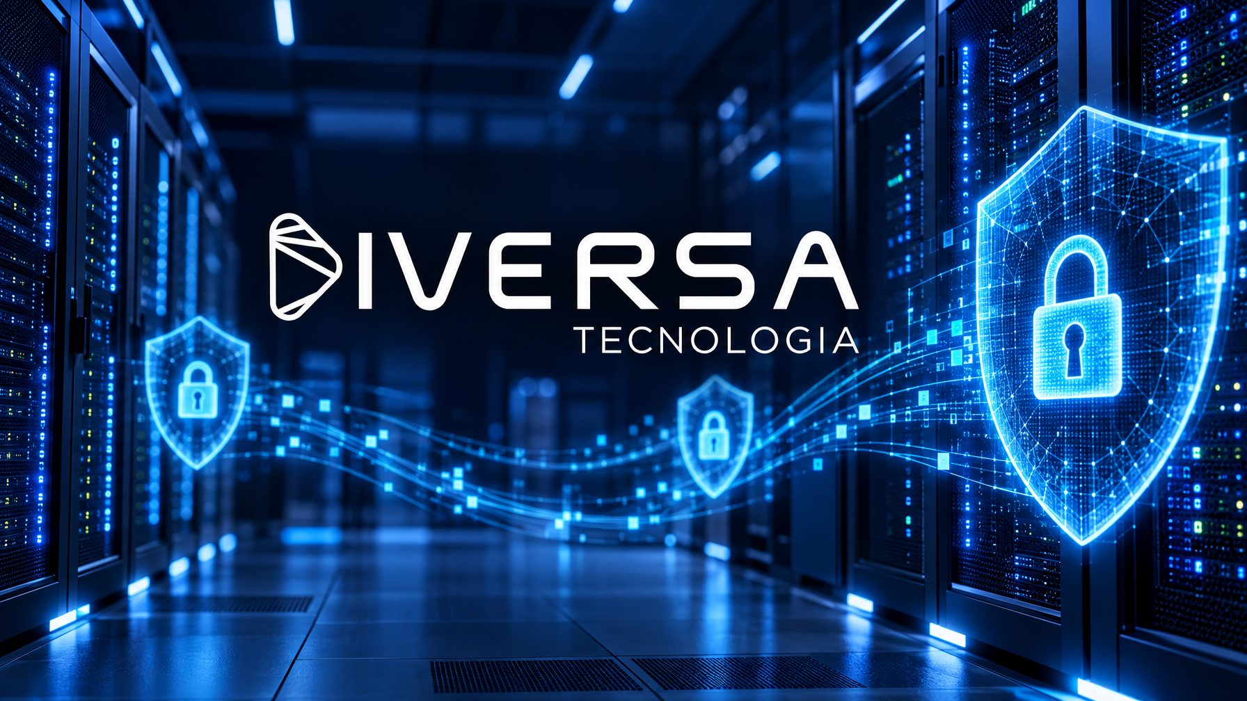Corredor de data center com racks de servidores e escudos com cadeado sobre um fluxo de dados, com a marca da Diversa Tecnologia