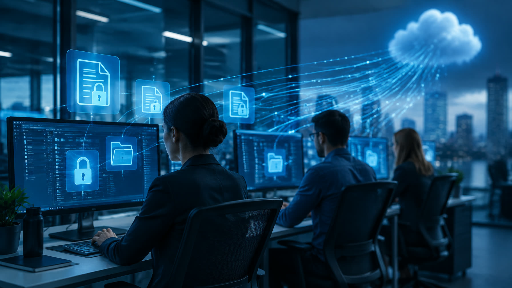 Equipe de escritório trabalhando em computadores, com ícones translúcidos de documentos protegidos e fluxo de dados em azul
