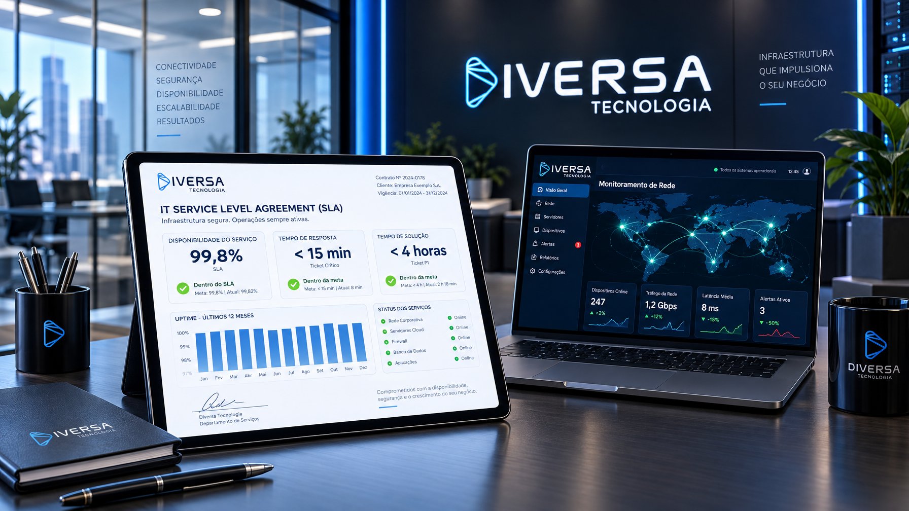 Dashboard profissional de TI exibindo contrato de SLA e monitoramento de rede na Diversa Tecnologia