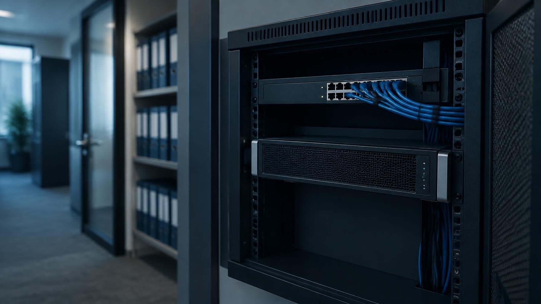 Servidor de e-mail e appliance de acesso remoto em rack de escritório, com luzes indicadoras e cabos organizados, em tons de azul-marinho