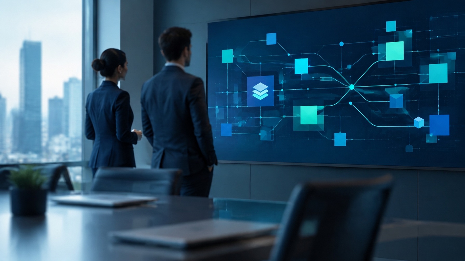 Profissionais de consultoria revisando um painel de identidades e permissões de agentes de software em sala com iluminação fria