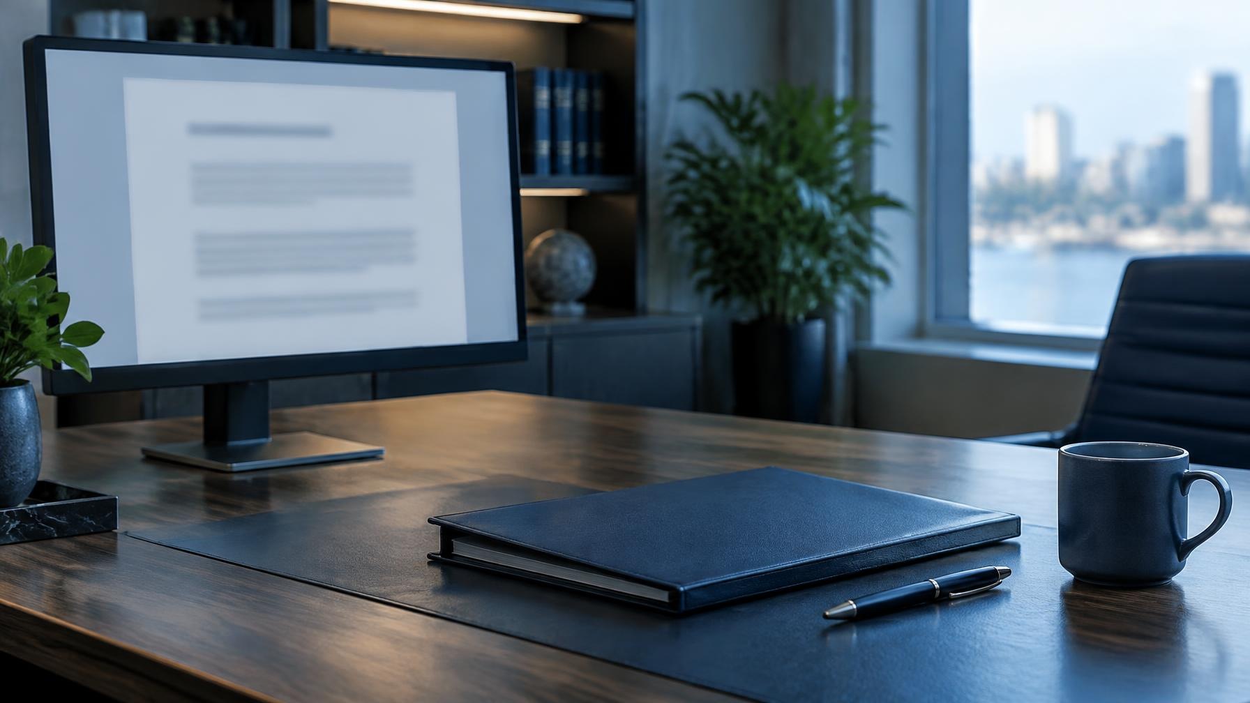 Mesa de trabalho em escritório de advocacia com documento digital aberto em um monitor e pasta de processos ao lado, iluminação fria em tons de azul-marinho