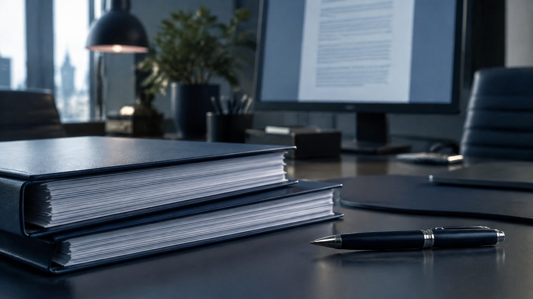 Mesa de escritório de advocacia com documentos impressos e monitor exibindo texto em um visualizador de documentos, iluminação fria em tons de azul-marinho e azul-petróleo