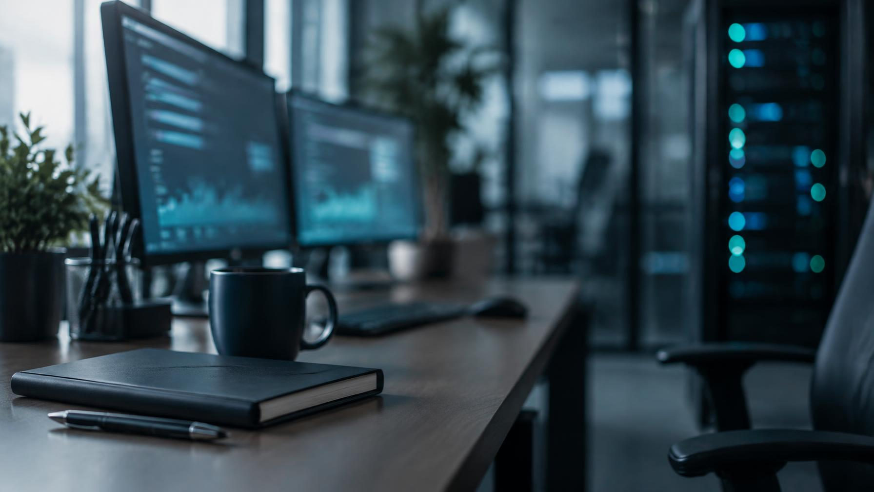 Mesa de escritório de contabilidade com dois monitores exibindo painéis de apuração fiscal e um rack de rede desfocado ao fundo, em tons de azul-marinho