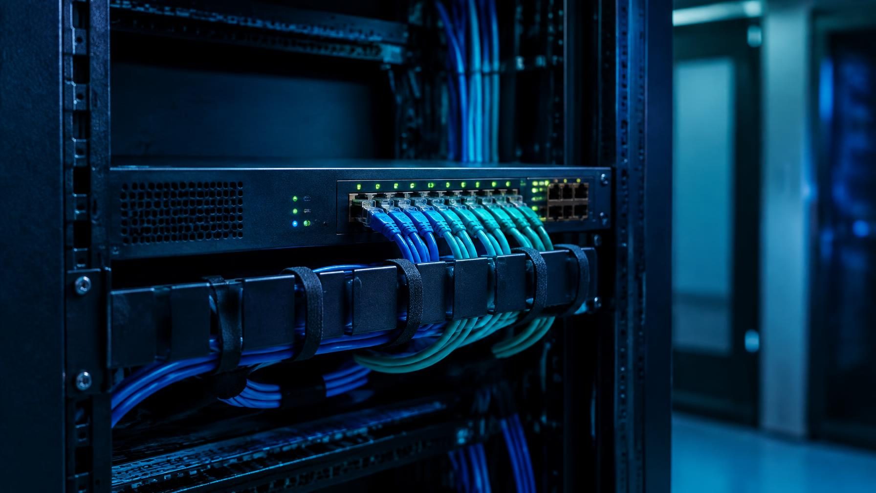 Rack de rede corporativo com equipamento de firewall e cabos organizados, em sala técnica com iluminação azul-marinho e profundidade de campo