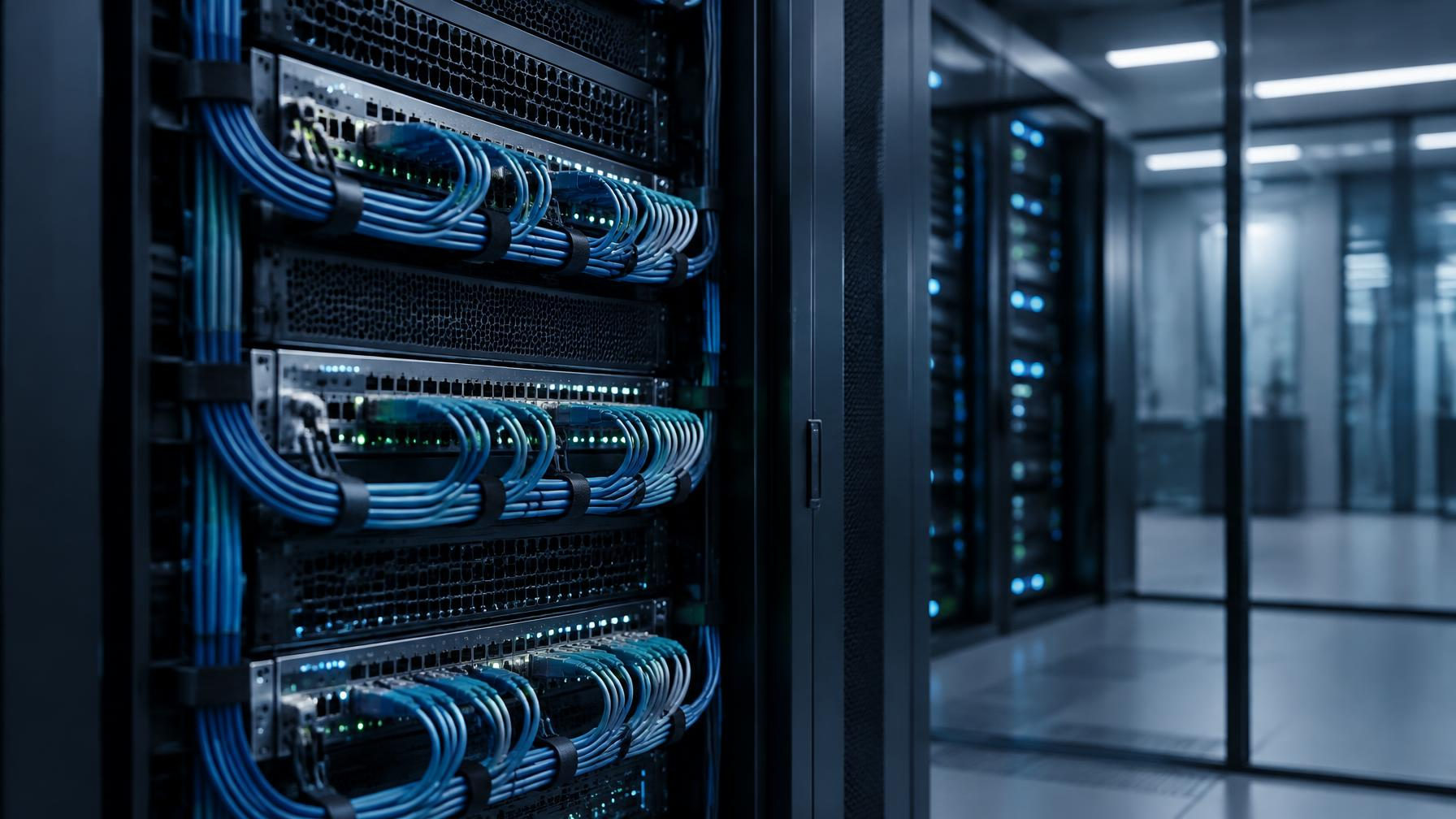 Rack de servidores em sala técnica, cabos organizados e luz fria azulada, com profundidade de campo rasa