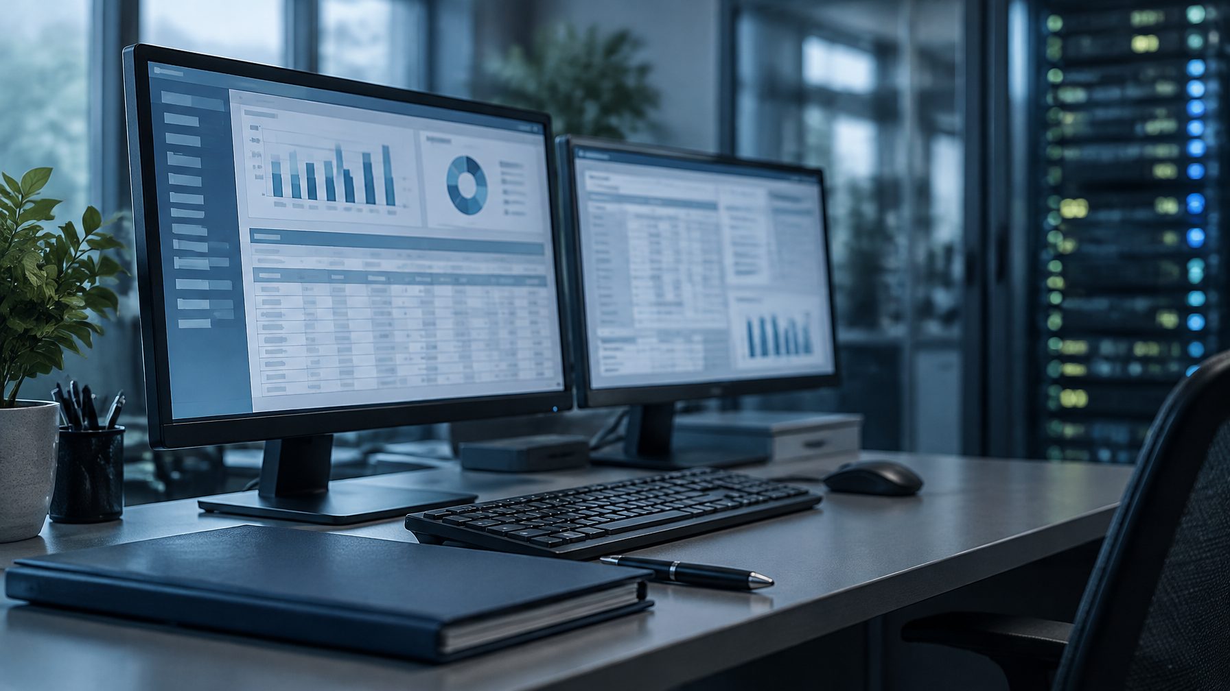 Mesa de escritório de contabilidade com dois monitores exibindo um documento fiscal eletrônico e uma planilha de cadastro de clientes, rack de rede desfocado ao fundo, em tons de azul-marinho