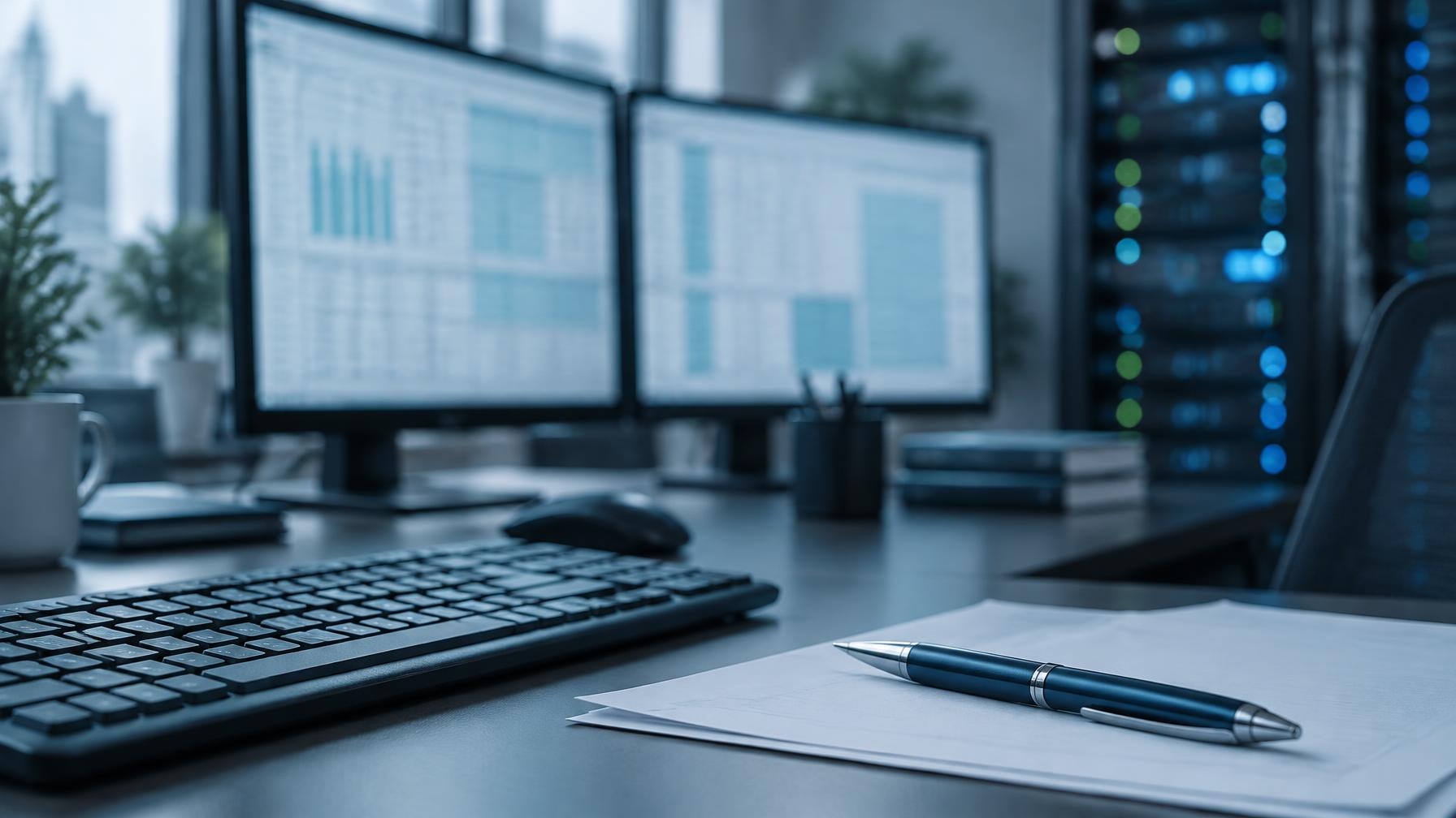 Mesa de escritório de contabilidade com dois monitores exibindo um cadastro de produtos e uma tabela de códigos fiscais, rack de rede desfocado ao fundo, em tons de azul-marinho