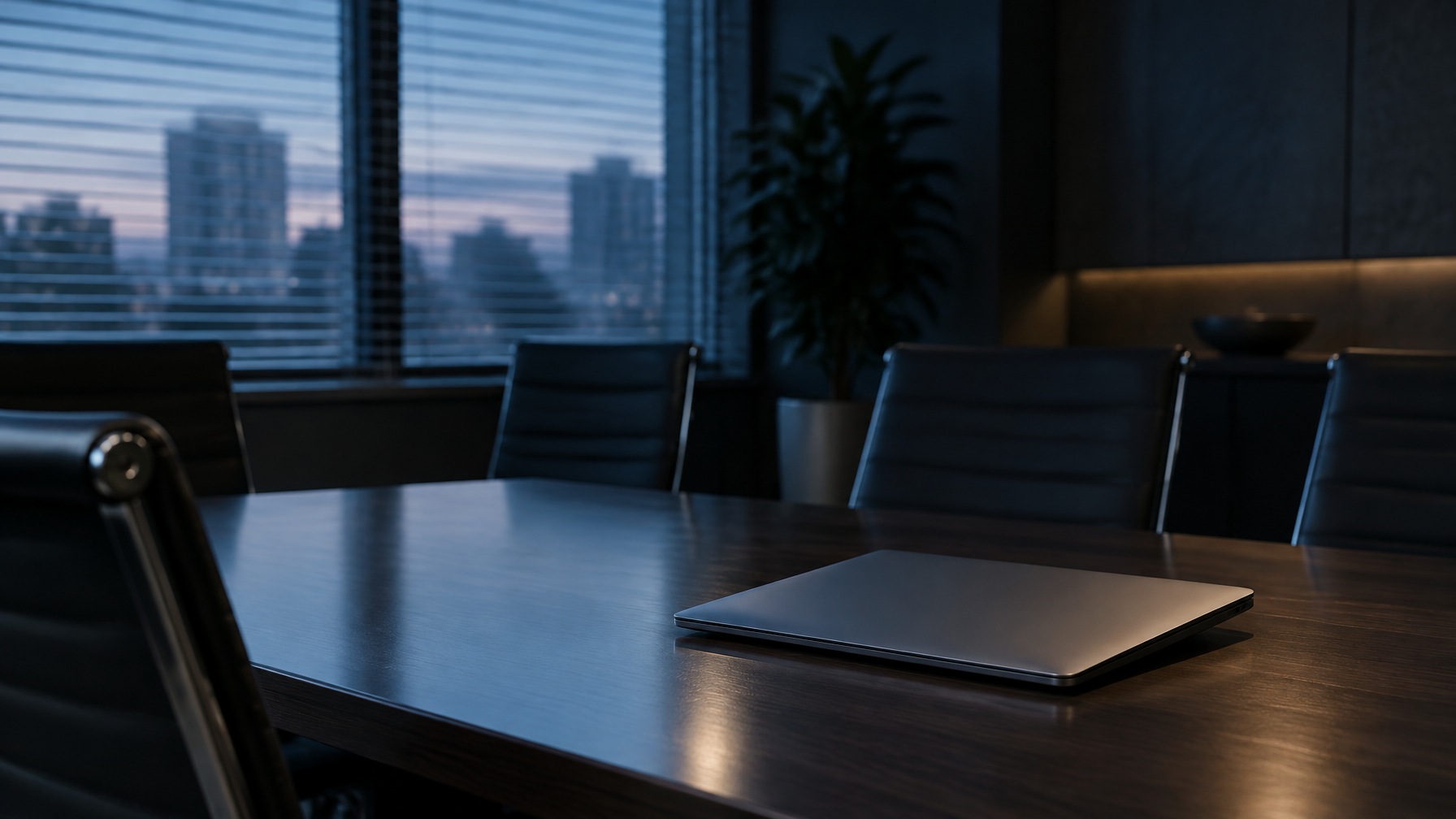 Gestor analisando propostas de contrato de suporte de TI em uma mesa de reunião, com notebook e documentos sob iluminação azul fria